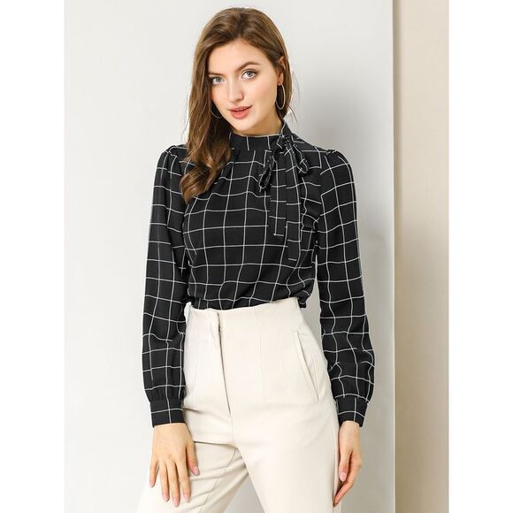 Bow Tie Neck Grid Checks Shirt Tops Blouses Black - Picture 2 of 6